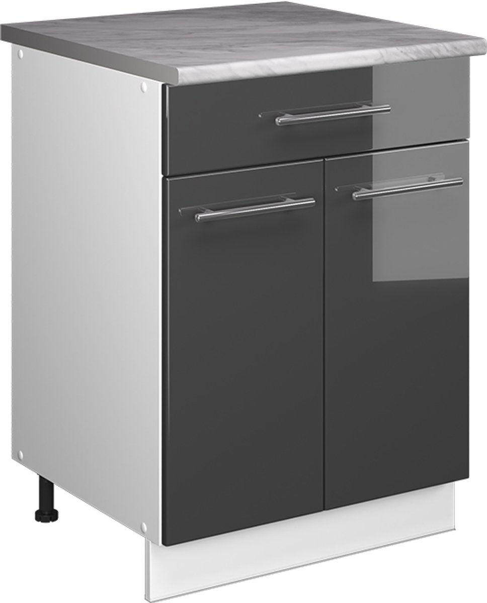 Vicco Onderkast voor spoelbak/kookplaat Fame-Line, Antraciet Hoogglans/Wit, 60 cm met lade
