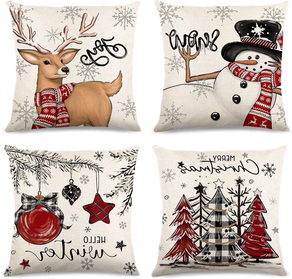 Set van 4 Kussenslopen Kerst 45 x 45 cm, Linnen Look Kussenslopen met Kerstboom en Hert Patroon in Rood voor Sofa en Feestelijke Decoratie