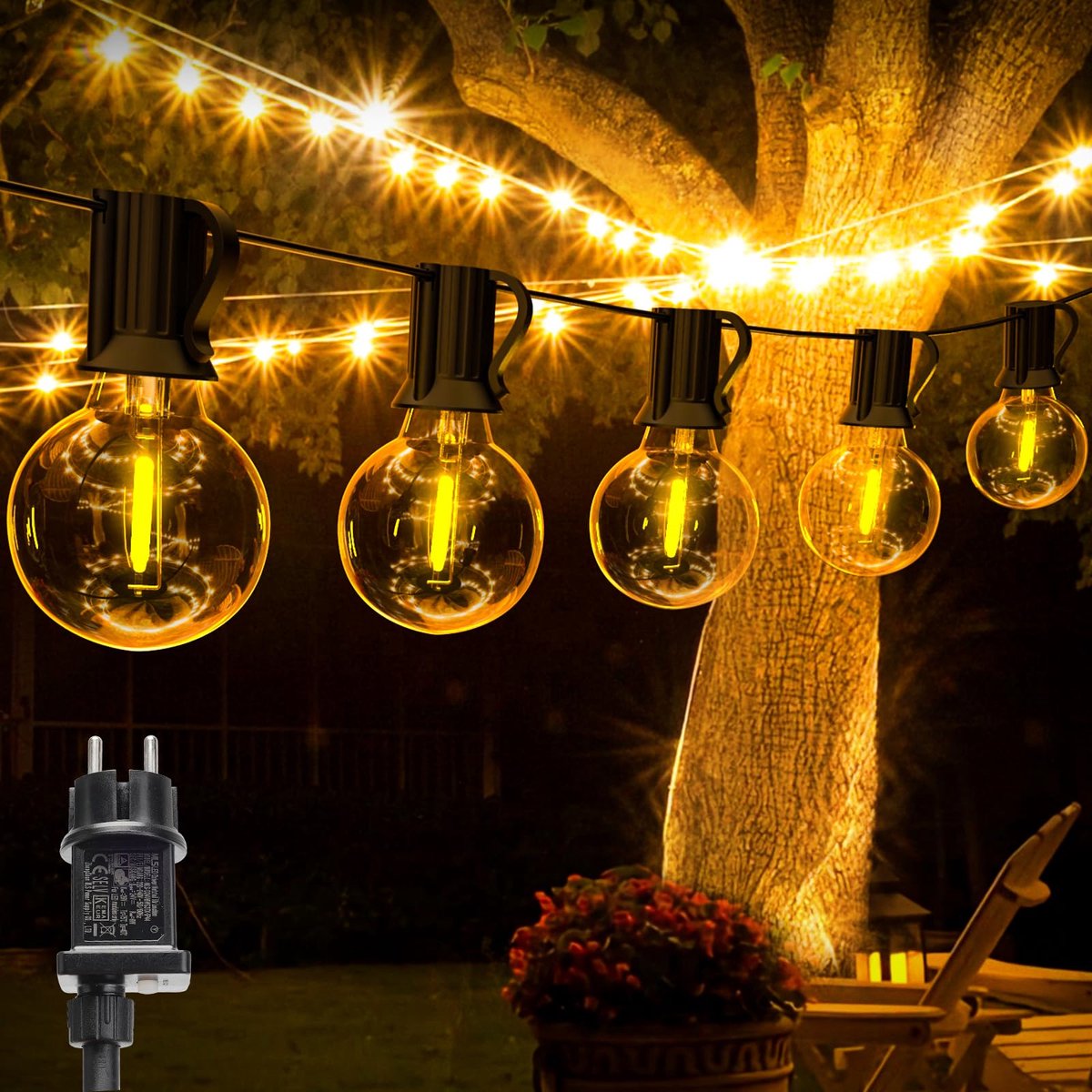 SnelShoppen - 10M Lichtsnoeren Voor Buiten - IP44 Waterdicht Lichtketting met 15 +1 G40LED-Bollen - Dimbare Buiten Licht Ketting voor Tuin, Balkon, Ya