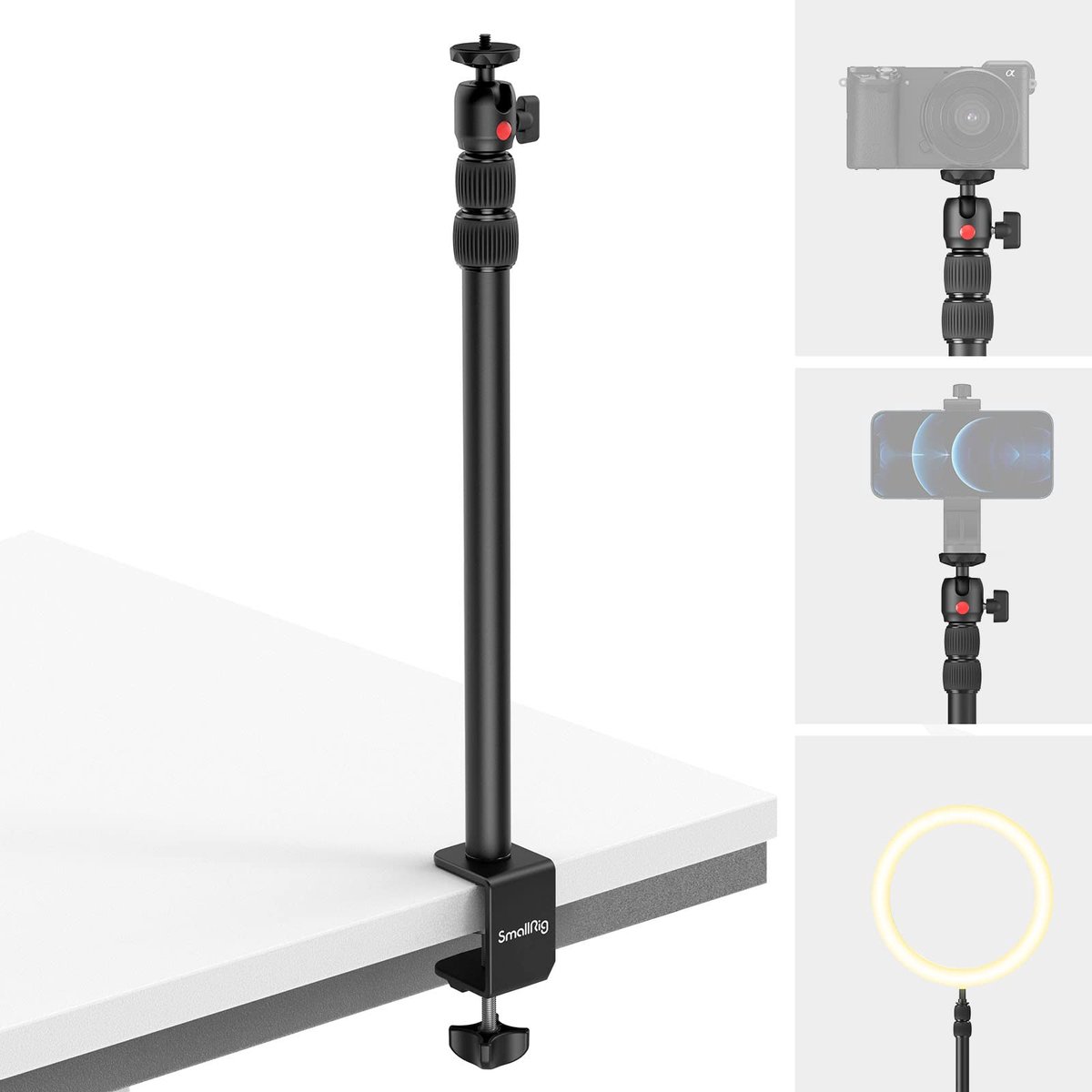 Verstelbare tafelstandaard voor camera met 1/4" balhoofd, ideaal voor ringlicht en livestreaming, geschikt voor foto- en video-opnames van 33-90 cm