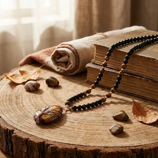 Ketting van zwarte en tijgeroogkleurige kralen met tijgeroog hanger in boomvorm op een houten ondergrond met oude boeken en bladeren.