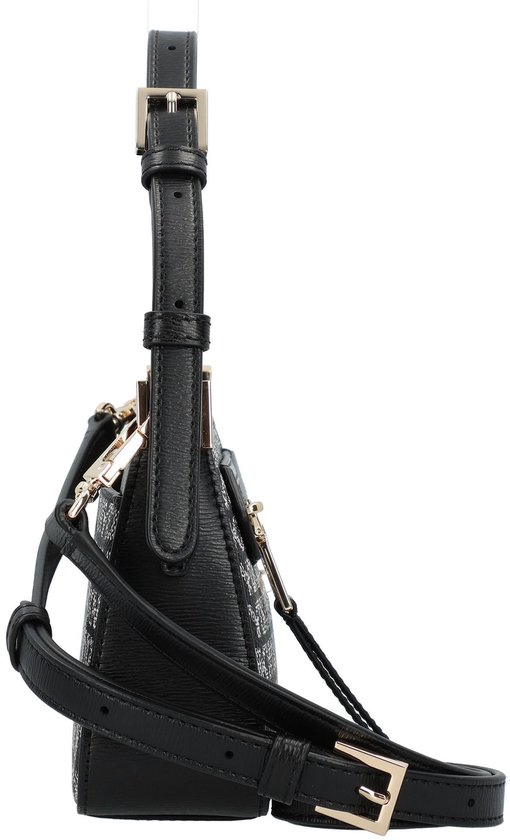 Zwarte DKNY tas met goudkleurige gespen en hardware.