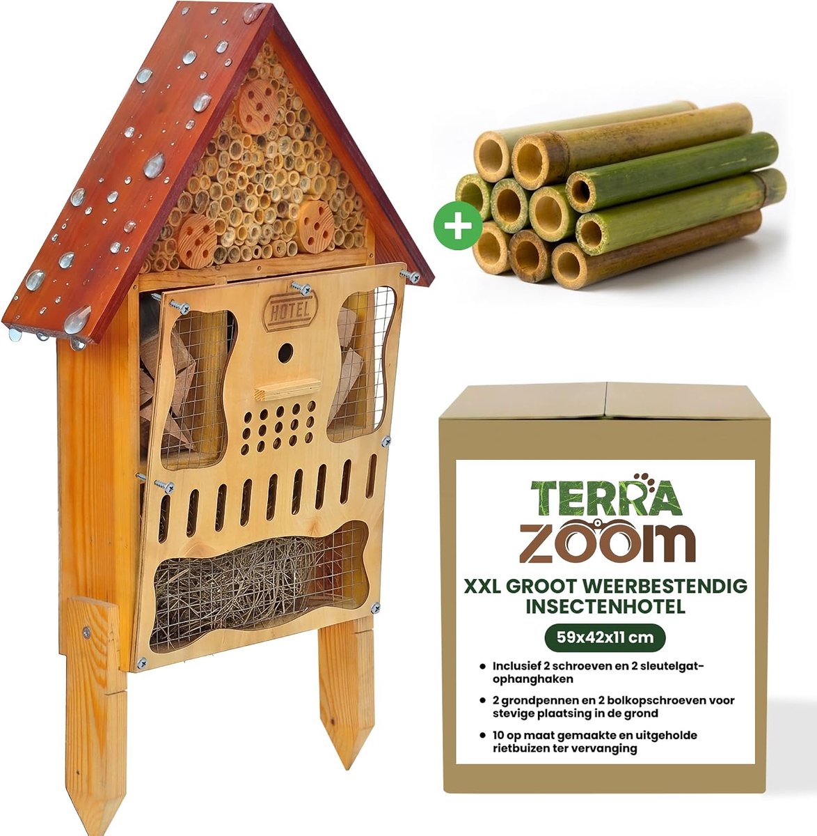 SnelShoppen - Insectenhotel XXL Weerbestendig Houten Bijenhotel met Grondpen - Groot Insectenhotel voor Wilde Bijen en Hommels - Afneembare Voorplaat
