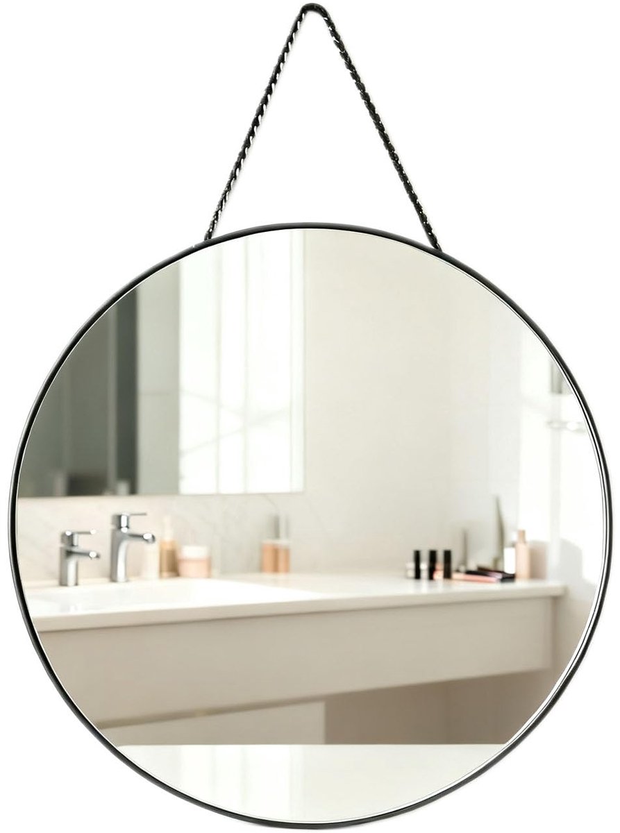 SnelShoppen - Zwarte Ronde 30CM Wandgemonteerde Make-upspiegel met Ophangtouw - Circulaire Kleine Spiegel voor Slaapkamer, Badkamer en Woonkamer Decor