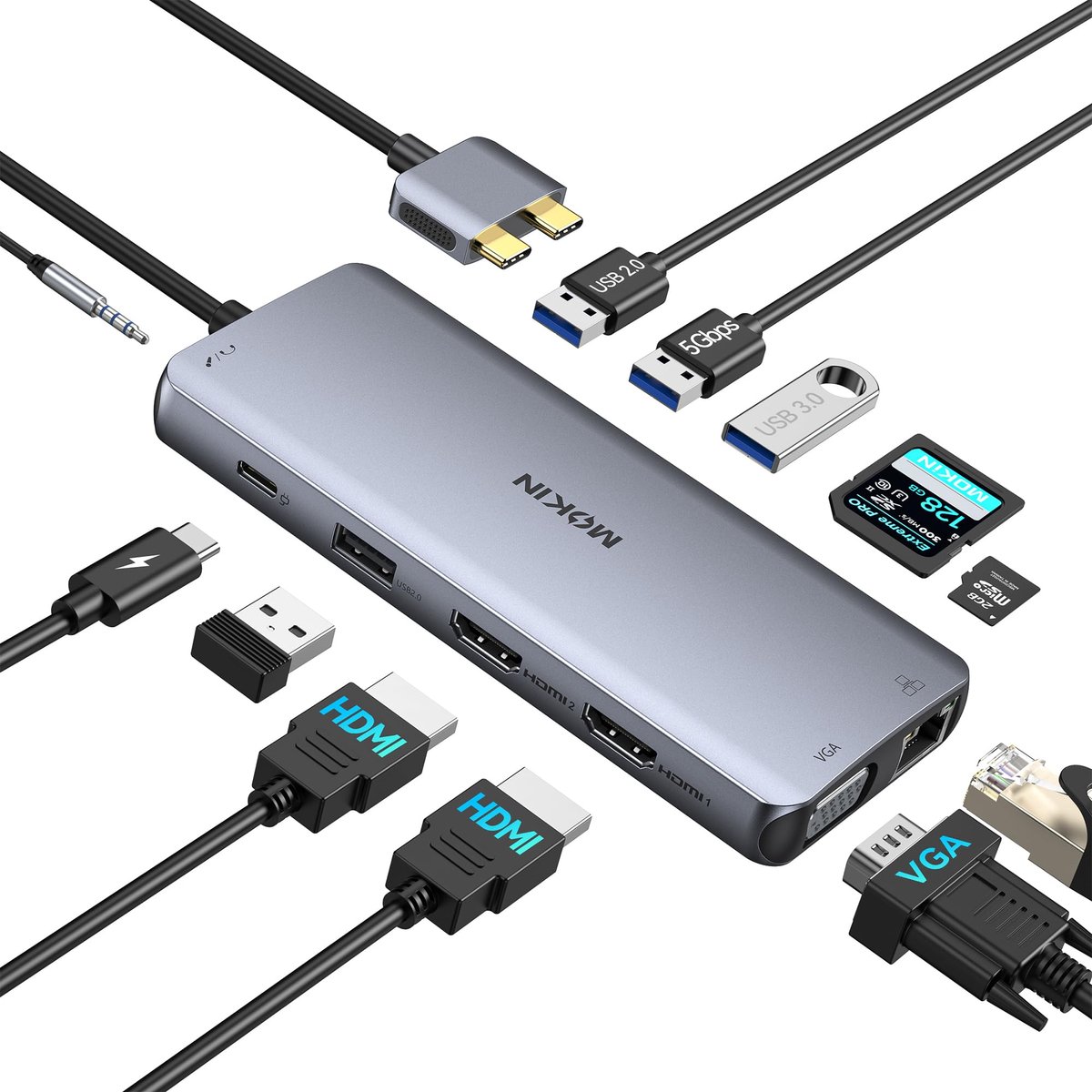 SnelShoppen - MOKiN USB C Hub Adapter 12-in-1 voor MacBook Pro/Air met Dual HDMI 4K 60Hz, VGA, Ethernet en 6 USB Poorten - Ideaal voor Thuiswerk en Pr