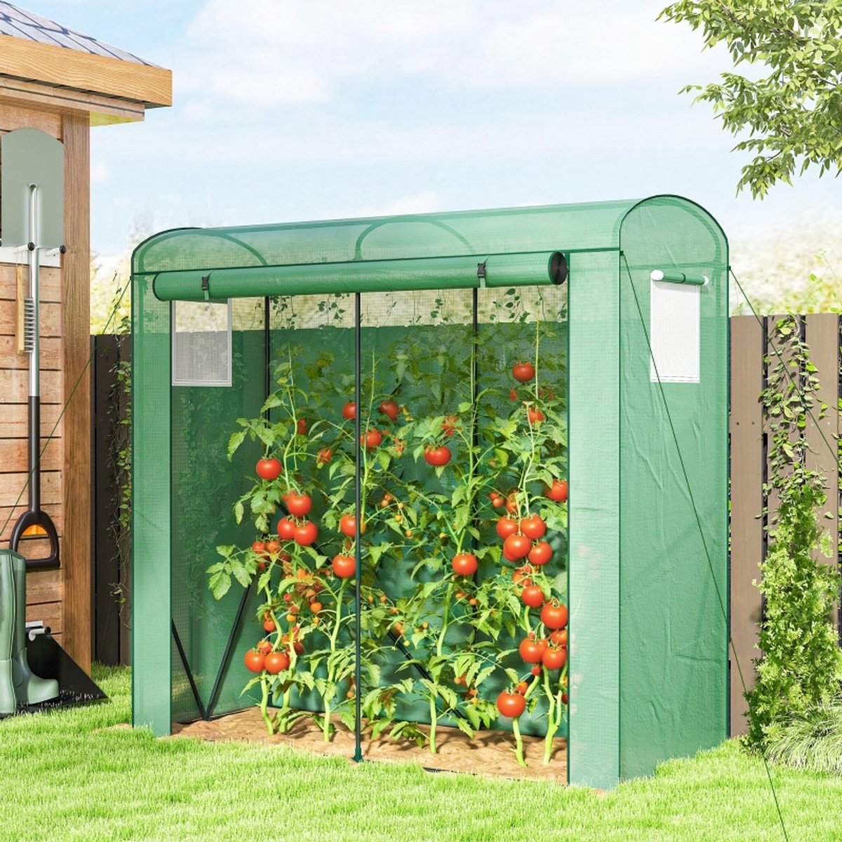 Wishdor Foliekas met netvensters en oprolbare deur - staal frame - PE-afdekking - groen - 200 x 75 x 188 cm - 1,5 m2