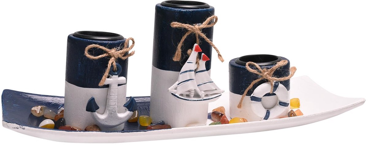 SnelShoppen - Theelichthouders Set Hout Maritieme Decoratie - 3 Kandelaars met Reddingsring, Scheepsanker, Zeilschip-Hanger - Dienblad Inclusief - Med