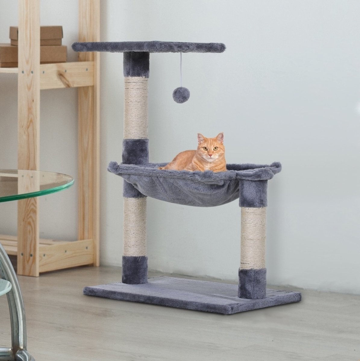 MIVRAY Krabpaal – Met Hanggmat En Platform – 50 x 36 x 70 cm – Pluche En Sisal – Grijs – Krabben En Rusten Voor Katten – Met Speelbal