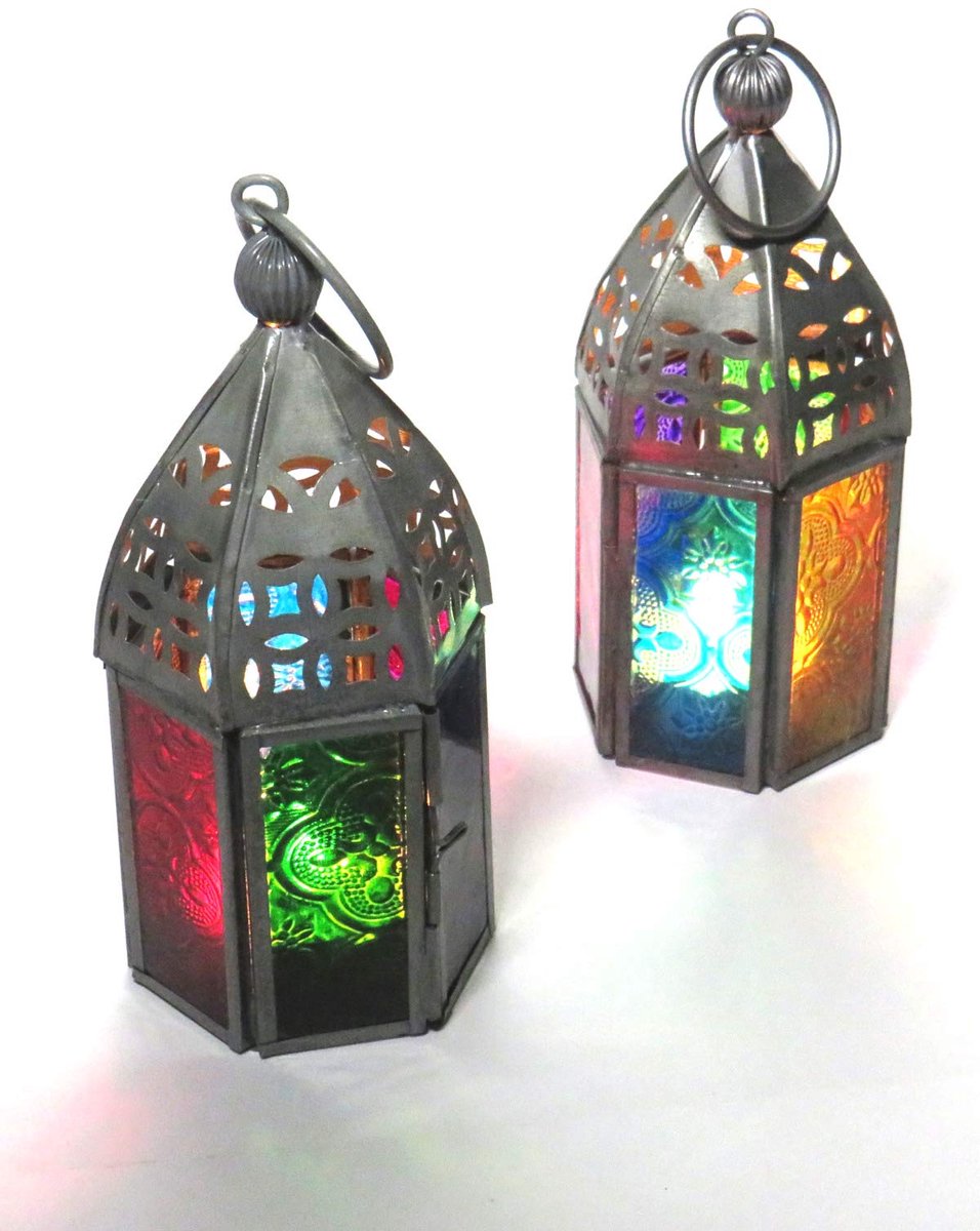 SnelShoppen - Set van 2 Marokkaanse stijl mini lantaarn theelichthouders met veelkleurig glas | Perfect voor feest, tuin, camping en sfeervolle avonde