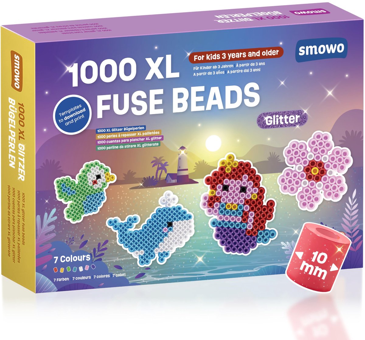 SnelShoppen - Grote 10 mm Glitterstrijkkralen, 1000 Stuks XL Steekkralen voor Creatieve Kinderen, 7 Kleurrijke Kleuren, Ideaal voor Feestjes en Knutse