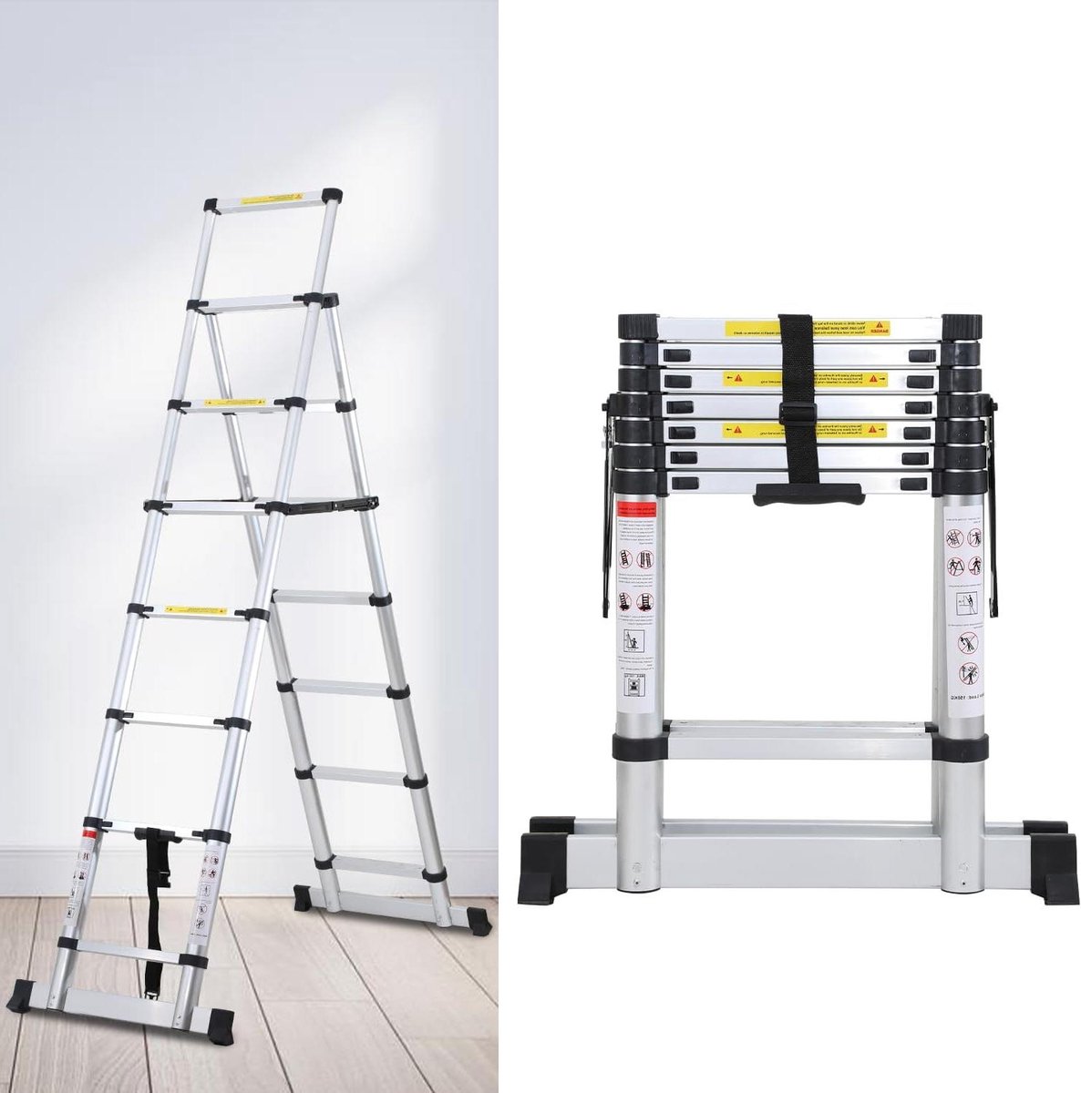Vouwladder Telescopisch - Uitschuifbare Ladder Aluminium - Klus Werkzaamheden - Met Stabiliteitsbalk - 2.3 Meter - Zilver