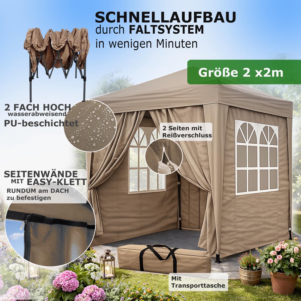 SnelShoppen - Pop-up paviljoen 2x2m Beige met 4 Easy Klittenband Zijwanden en 2 Ritssluitingen - Ideaal voor Feesten, Tuin, Camping, en Evenementen