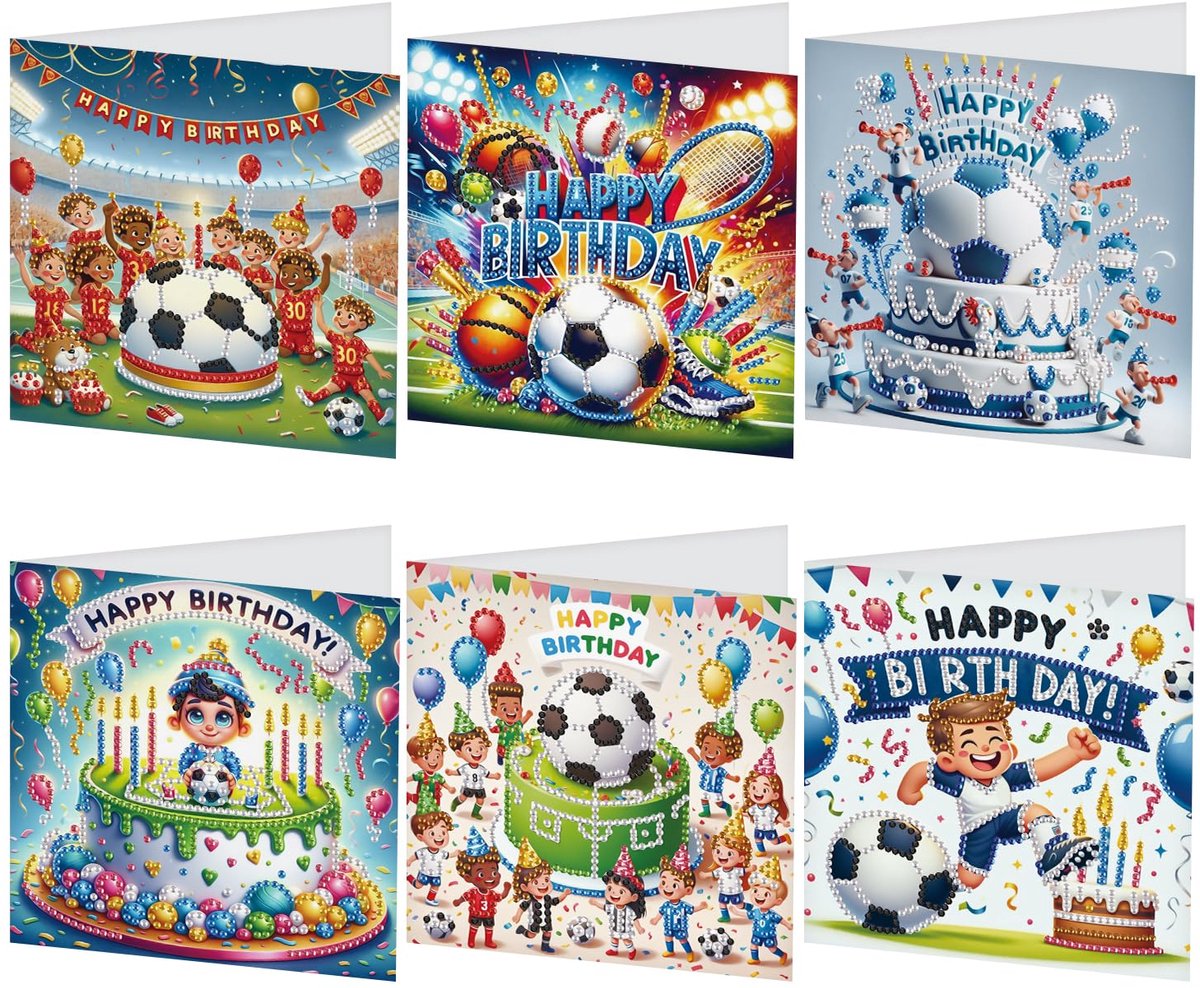 SnelShoppen - Set van 6 Diamond Painting Verjaardagskaarten 15x15 cm met Enveloppen - Voetbal Thema - Wenskaarten voor Familie en Vrienden - Happy Bir