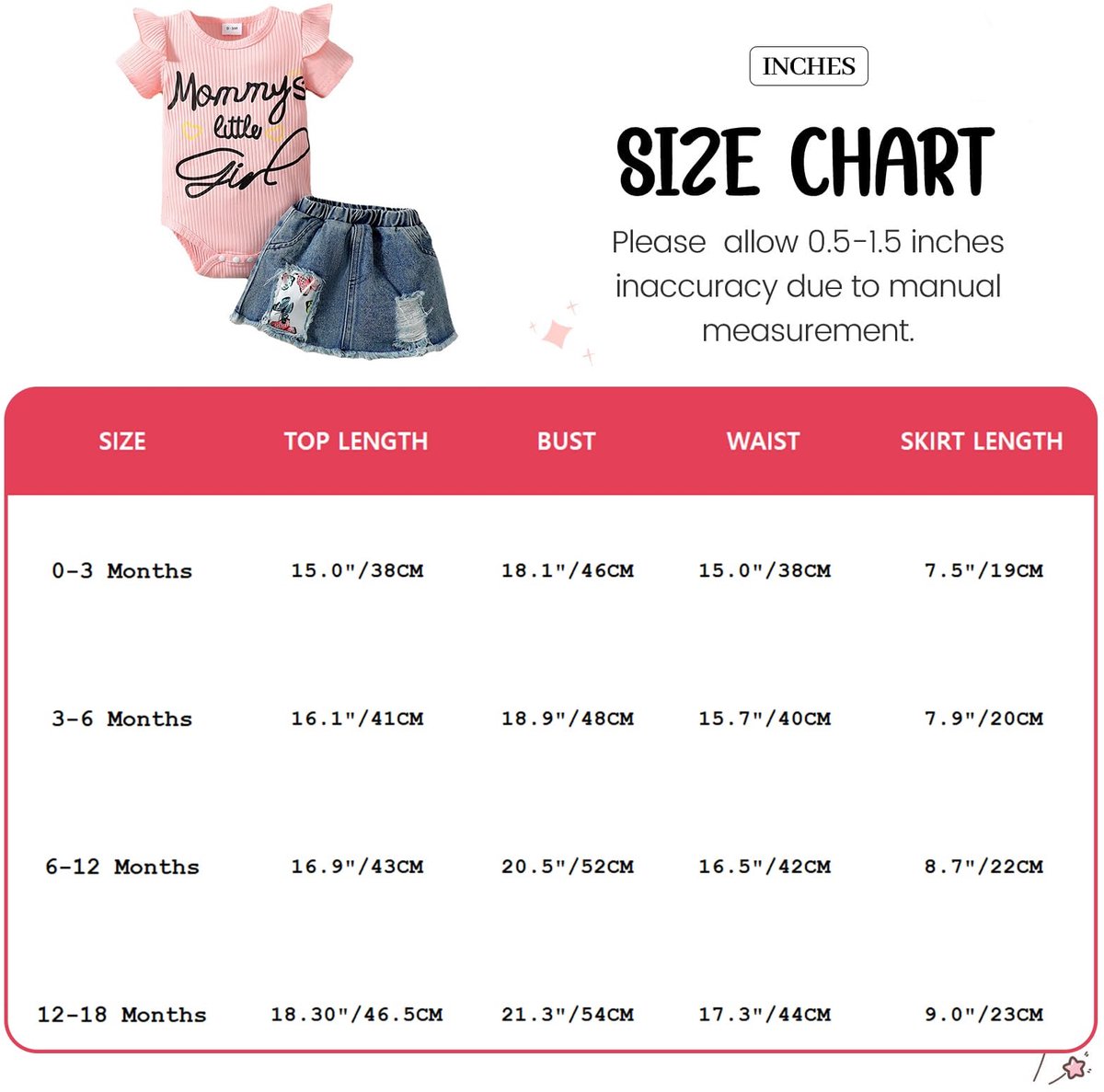 SnelShoppen - Babymeisjeskleding met Ruchesmouwen en Gescheurde Jean Rok - Zomer- en Herfstset voor 0-18 Maanden - Perfect voor Feestjes en Dagelijks