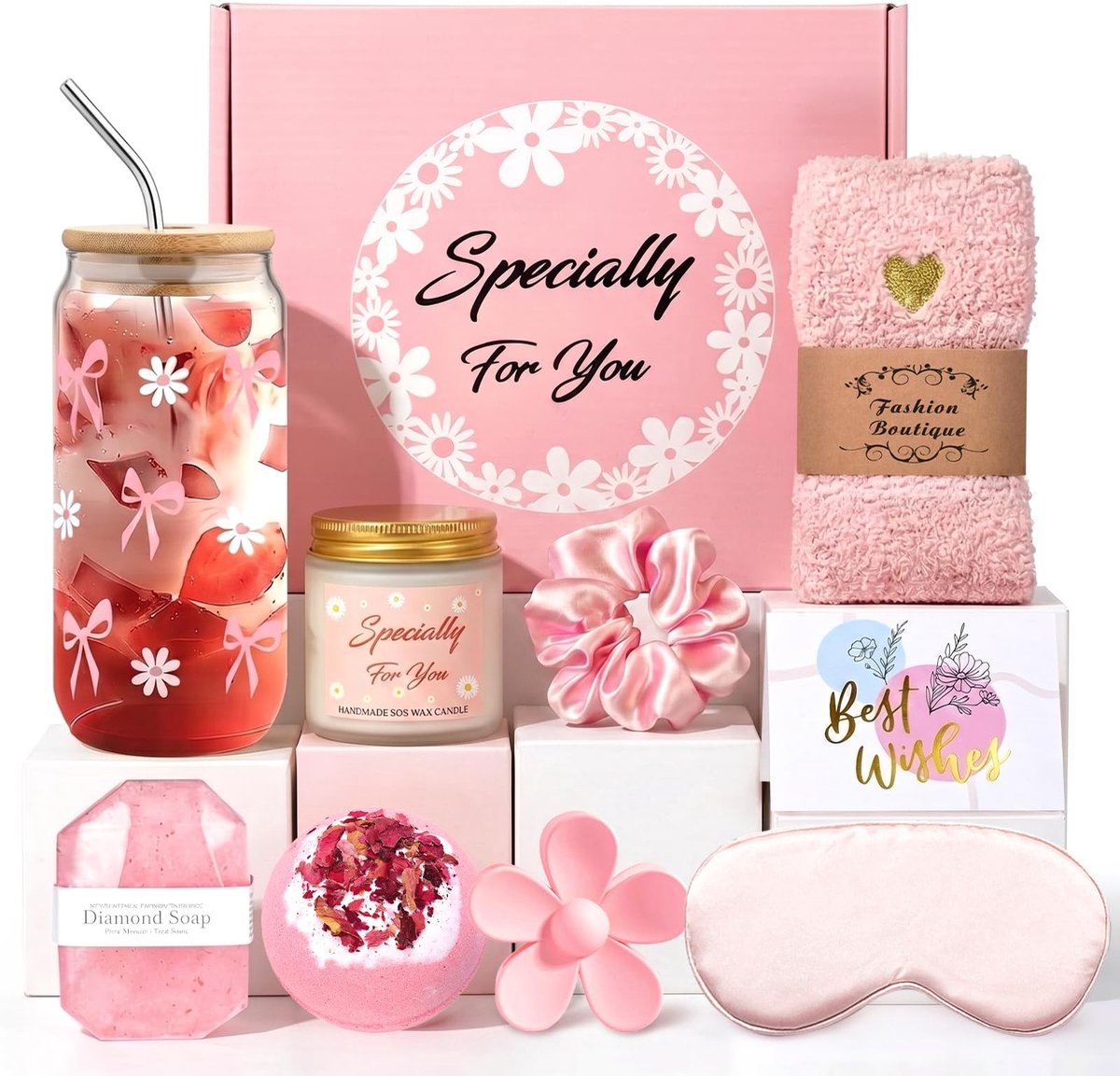 Dailygoods- Verjaardagscadeaus voor meisjes - Cadeauset voor vrouwen - Geschenken voor tieners - Wellnesscadeaus - Zelfzorg - Glazen beker met deksel