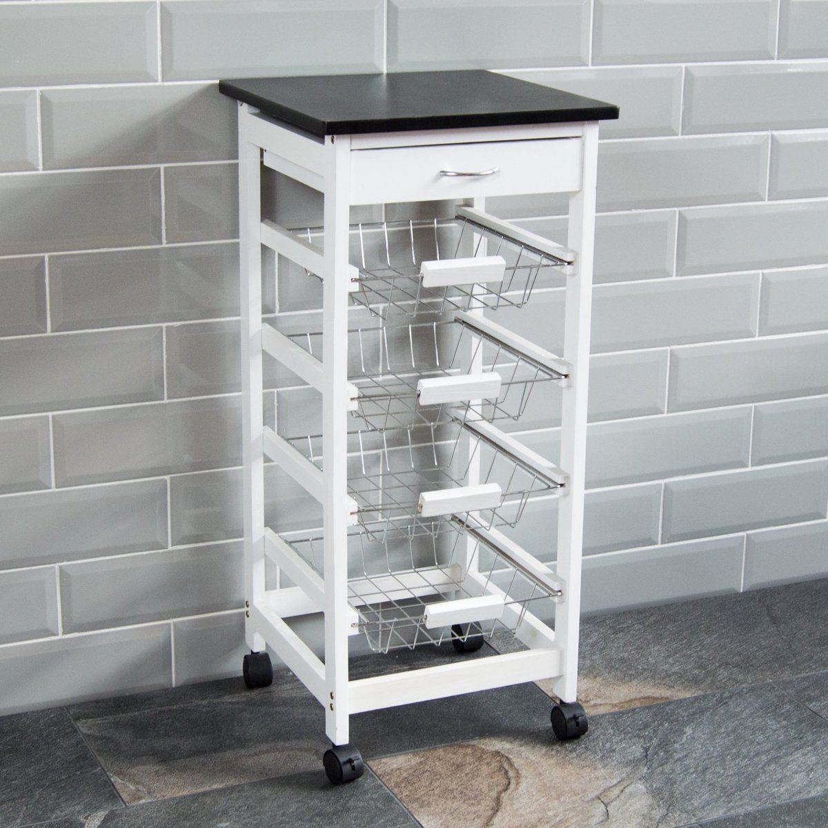 SnelShoppen - 4 Tier Keuken Trolley Winkelwagen met Opbergmandjes en Lade, Wit - Ideaal voor Keuken, Feest, Camping en Organisatie