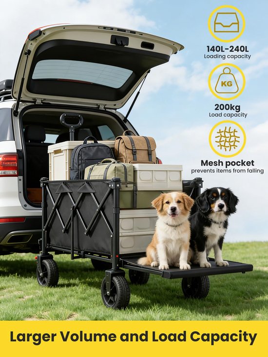 SnelShoppen - Opvouwbare Bolderkar 150-230L - Lichtgewicht Tuinwagen met Parkeerrem - Verstelbaar voor Camping, Strand en Winkelen - Zwart van Snelshoppen — afbeelding 2