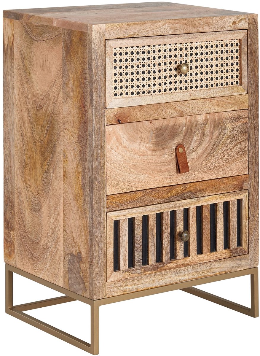 Ervesto Nachtkastje Mangohout En Metaal - 40 X 60 X 30 Cm - Industriële Nachtkast - 3 Lades - Handgemaakt - Geschikt Voor Boxspringbed Bruin