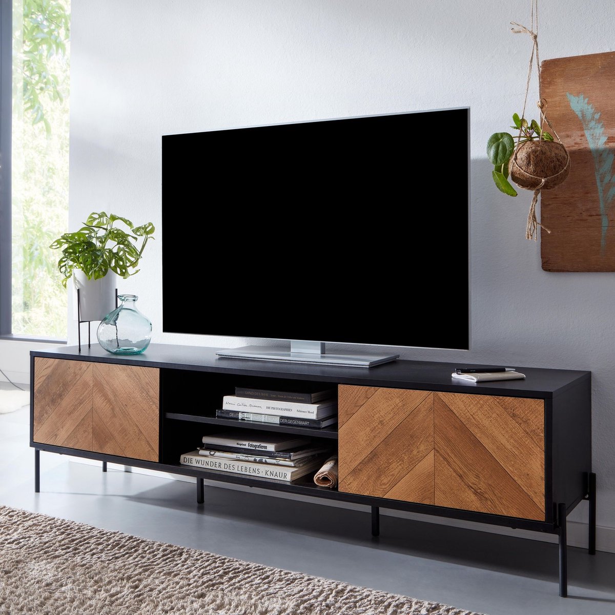 Ervesto Hifi Lowboard Tv-meubel - Tv-dressoir 163x45x40 Cm - Hout Zwart Eiken Decor - Lowboard Met 2 Deuren - Tv-kast Woonkamer Modern