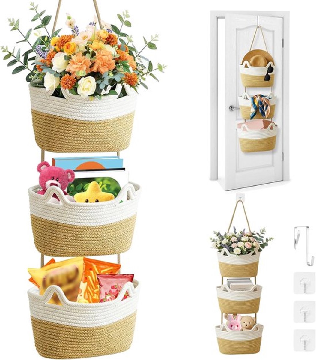 SnelShoppen - Wanddecoratie Katoenen Manden 3 Laags Hangende Baskets met Knopriem voor Kinderen, Boho Stijl Organisatiemanden voor Badkamer, Slaapkame