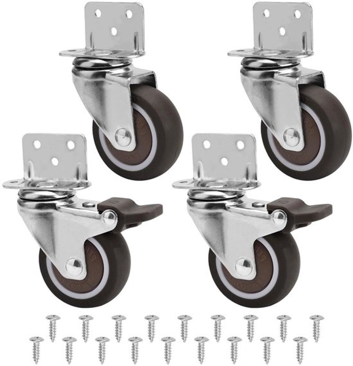 Meubelwielen 50mm met L-montageplaat, zware wielen - 115 kg draagvermogen - 2 remmen - 2 zonder - voor kerststals, meubels, bloemenstandaard, salontafel
