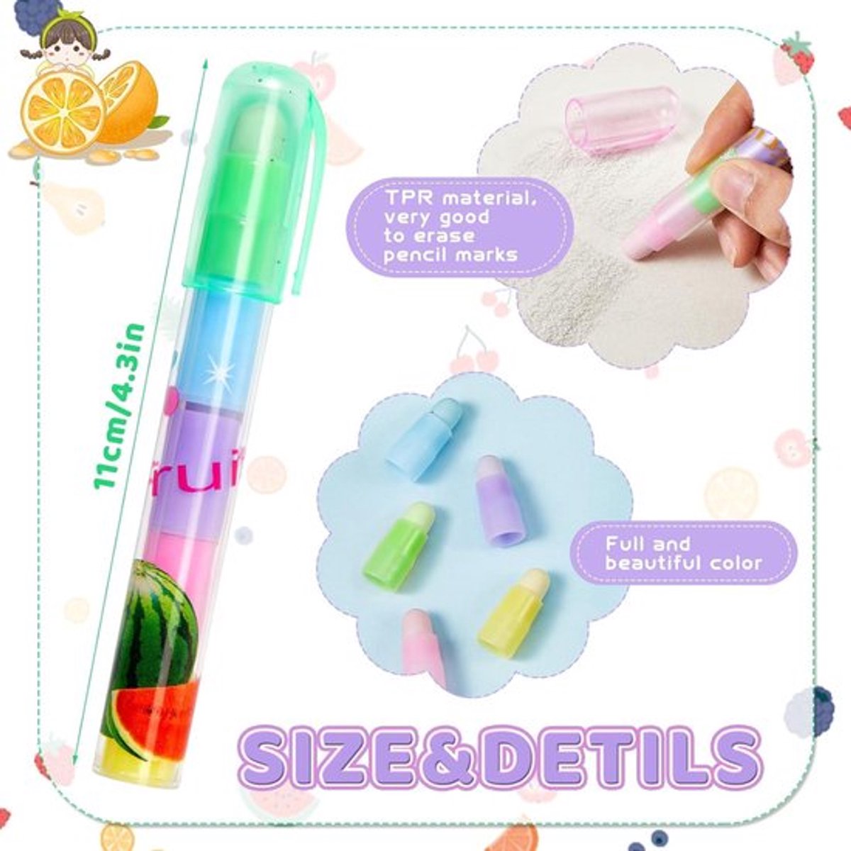 12 stuks pennen stijl gummen in fruitstijl voor kinderen en kunstenaars.