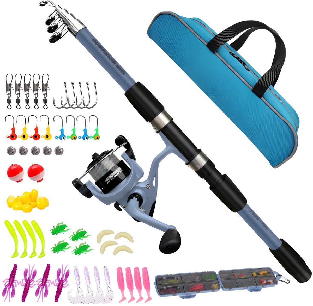 SnelShoppen - Aerowick Hengelset voor Kinderen, Telescopische Kinderhengel met Vismolen, Aas en Draagtas, Starterset voor Buiten, Camping en Tuin, Hen