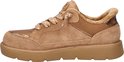 Zijaanzicht van bruine Skechers sneaker met suède, mesh, bont kraag en metallic detail.