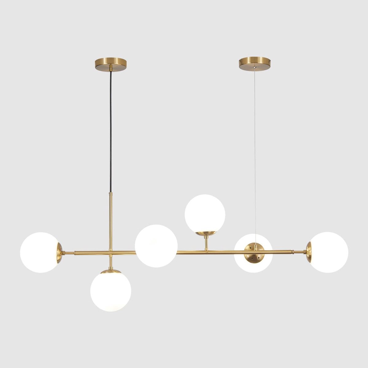 Dailygoods- Kroonluchter moderne stijl - Gouden/witte hanglamp - 6 lichtbronnen - Verstelbare hoogte - Glazen wereldbol 15 cm - Voor woonkamer/keuken
