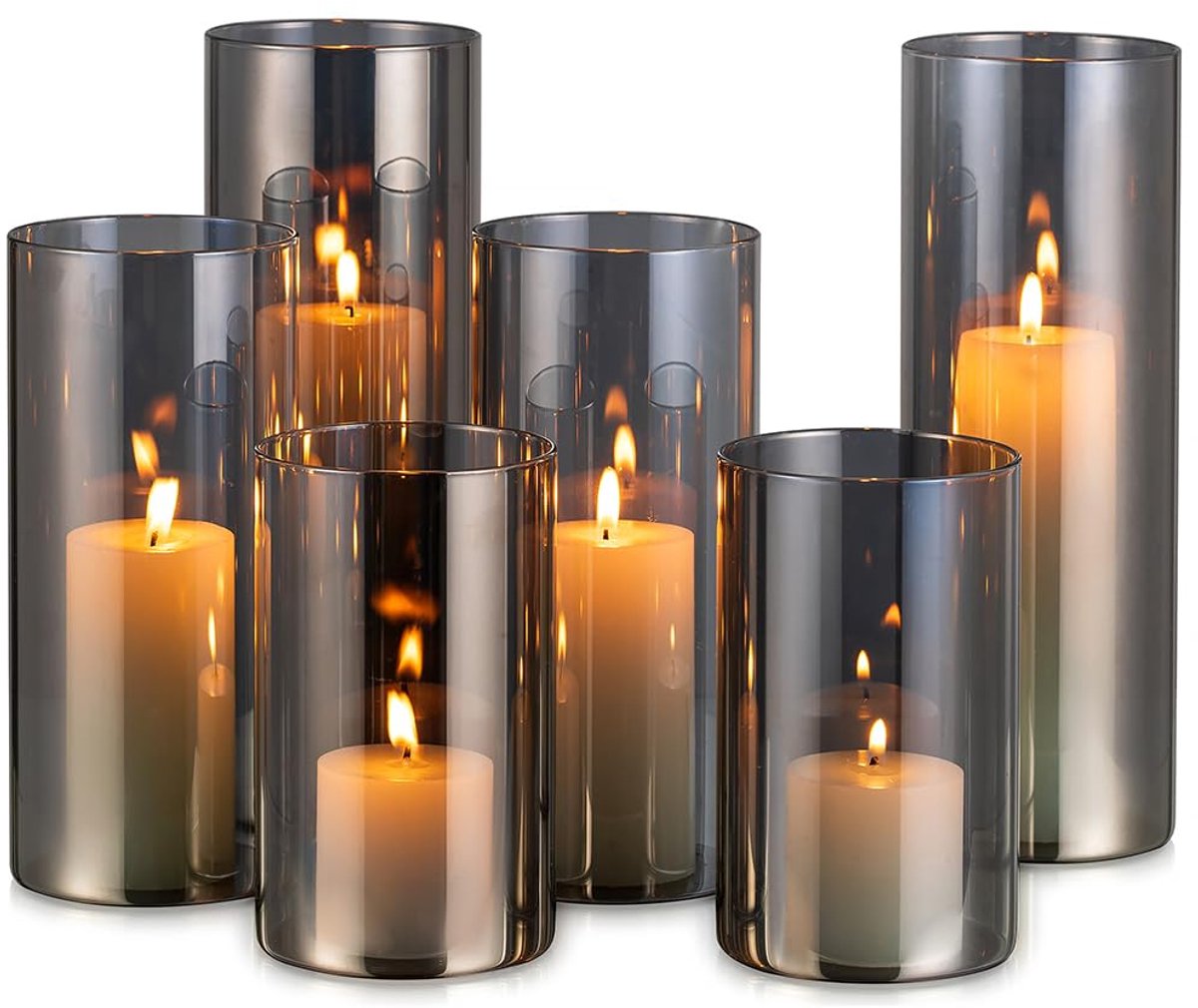 Dailygoods - Windlicht Glas Deco Zwart Set van 6 voor Buiten