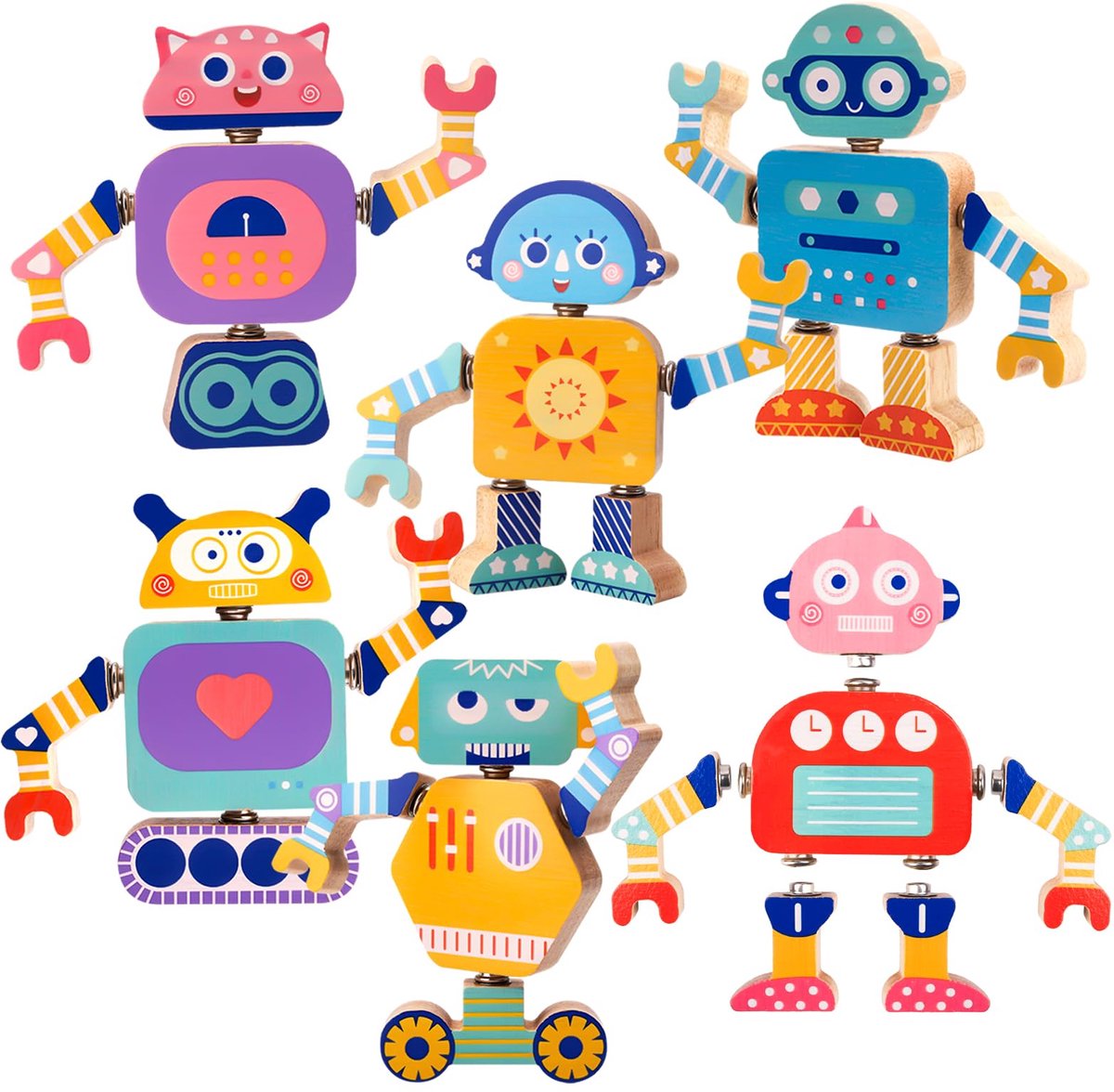 Dailygoods- Motoriekspeelgoed 33-delig - Houten Bouwspeelgoed - Creatief Steek- en Constructiespeelgoed - Robotdesign - Fijne Motoriek - Logisch Denken