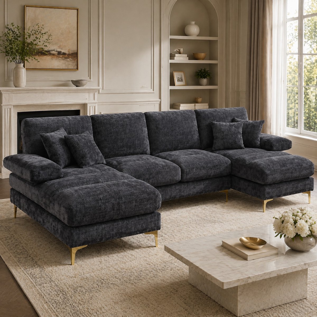 COVREO U-bank 272x136x88 cm - grijs chenille, dubbele liggedeeltes, metalen poten