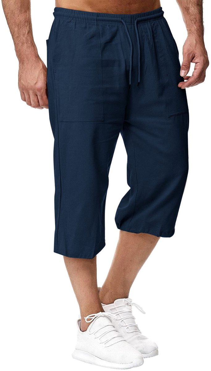 SnelShoppen - Sprifloral Linnen Shorts Heren 3/4-lengte Casual Zomerbroek Marineblauw - Ideaal voor Strand, Yoga en Joggen - Maat L