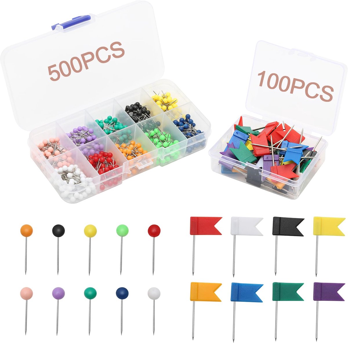 Dailygoods - 600 Gekleurde Duimspijkers - Rond en Vlag Push Pins voor Borden