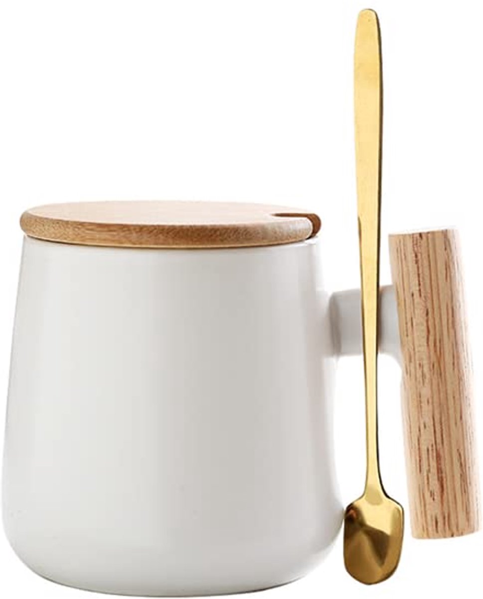 Dailygoods - 12 oz Keramische Koffiemok met Houten Deksel en Gouden Lepel