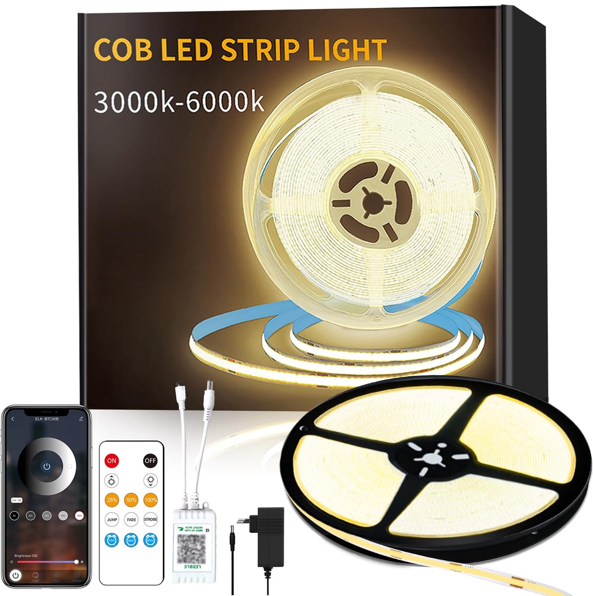 SnelShoppen - 20 m dimbare COB-ledstrip, 24 V, flexibele ledstripset, warmwit 3000 K, helder onder-unit-licht, app-besturing, ideaal voor thuisfeest e