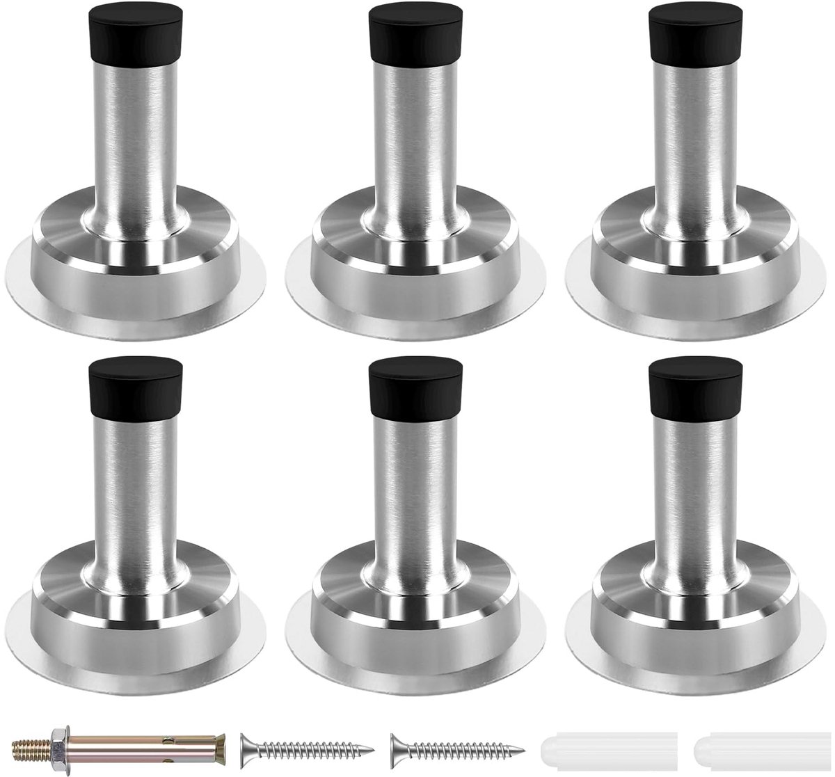 SnelShoppen - 6 Stuks 5 cm Chromen Deurstopper - Zelfklevende Roestvrij Stalen Deurstoppers met Zwarte Rubber Geluidsdemping voor Wandmontage en Plint