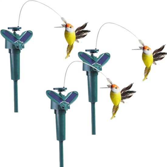 Trois piquets de jardin solaires verts avec des colibris jaunes en mouvement, têtes oranges.