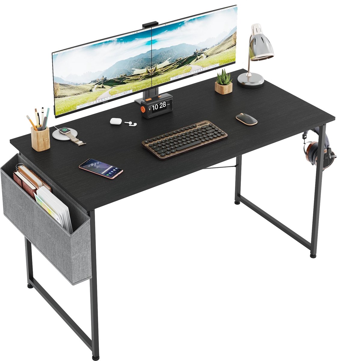 SnelShoppen - Clevich Bureau, Computertafel met Hoofdtelefoonhouder en Opbergtas, Stabiele Werktafel, Industrieel Design, PC-tafel voor Thuis en Kanto
