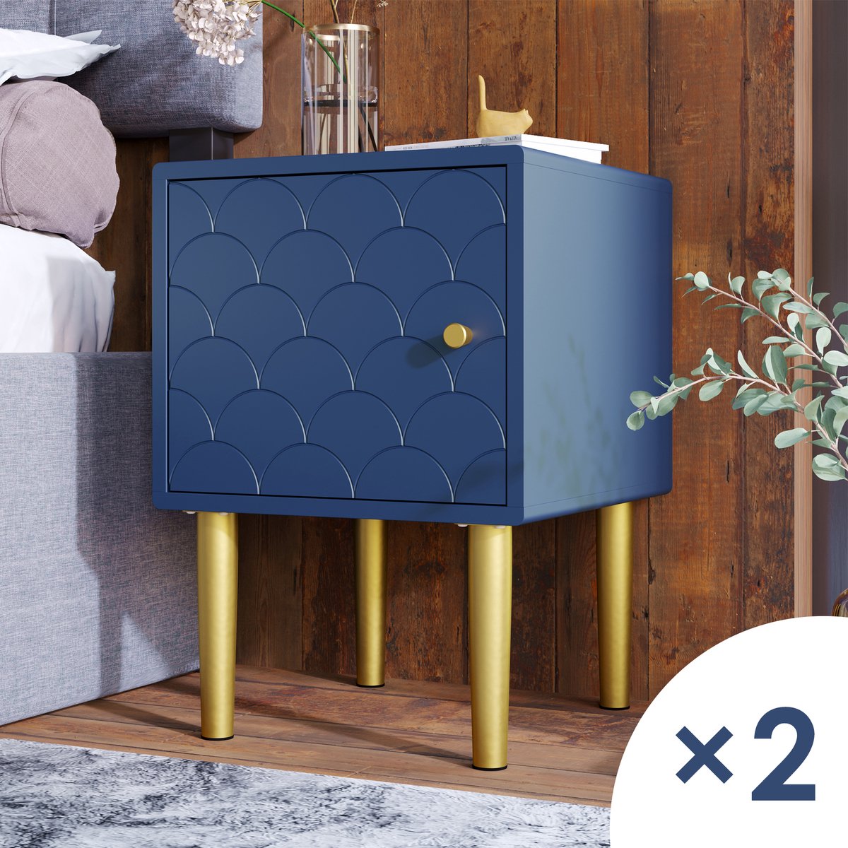 OKWISH Nachtkastjes Set Van 2 - Met Deur En Visschubmotief - Voor Slaapkamer En Woonkamer - Spaanplaat En Metaal Marineblauw - 35x35x51 Cm