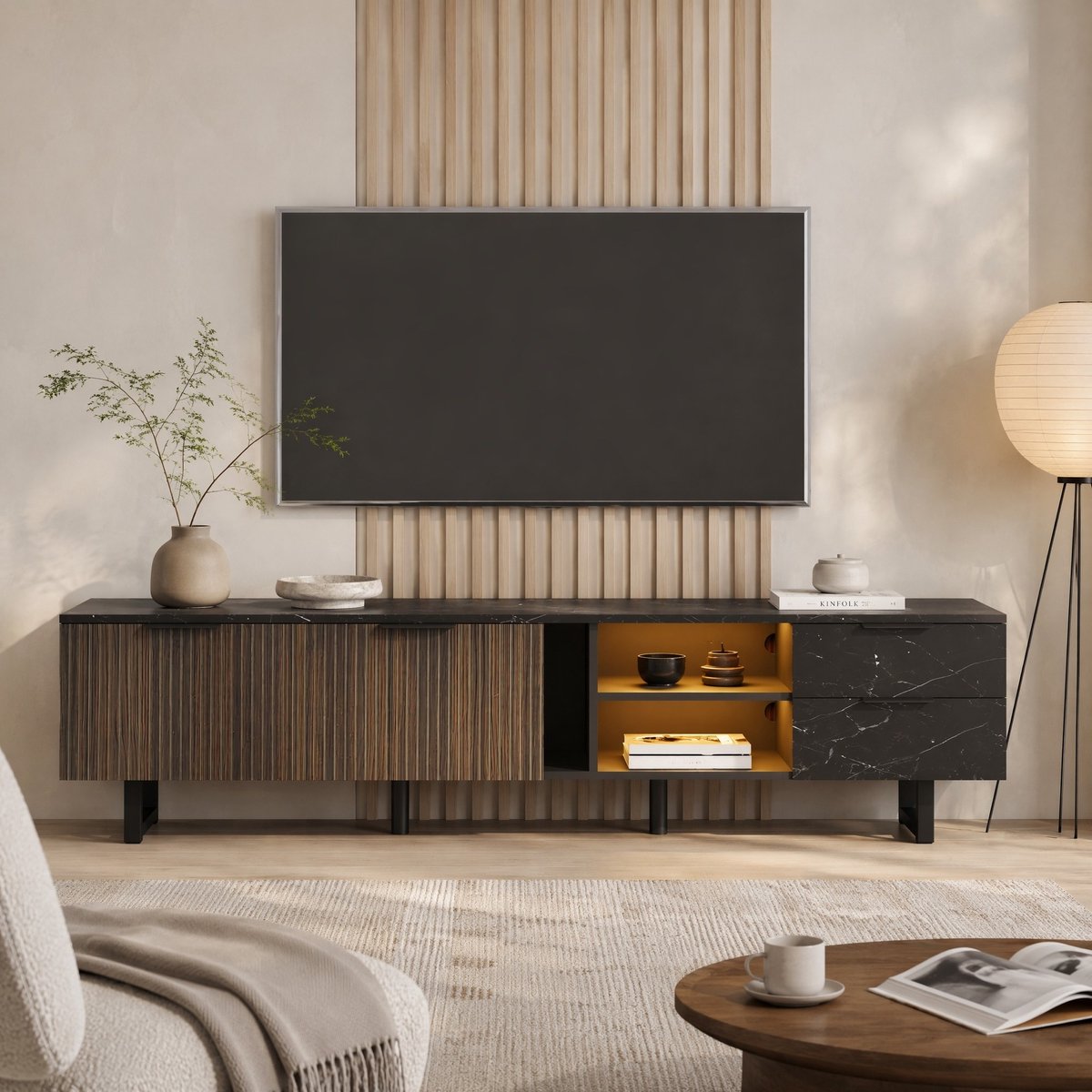 COVREO TV-meubel 200 cm - zwart houtnerf, marmereffect, LED-verlichting