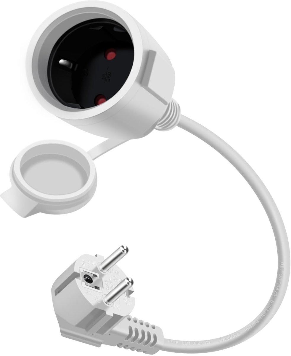 SnelShoppen - Schuko Verlengkabel 1m 90 Graden Waterdicht 16A 250V Geaarde Verlenging voor Binnen Buiten Thuis Kantoor IP44 Wit