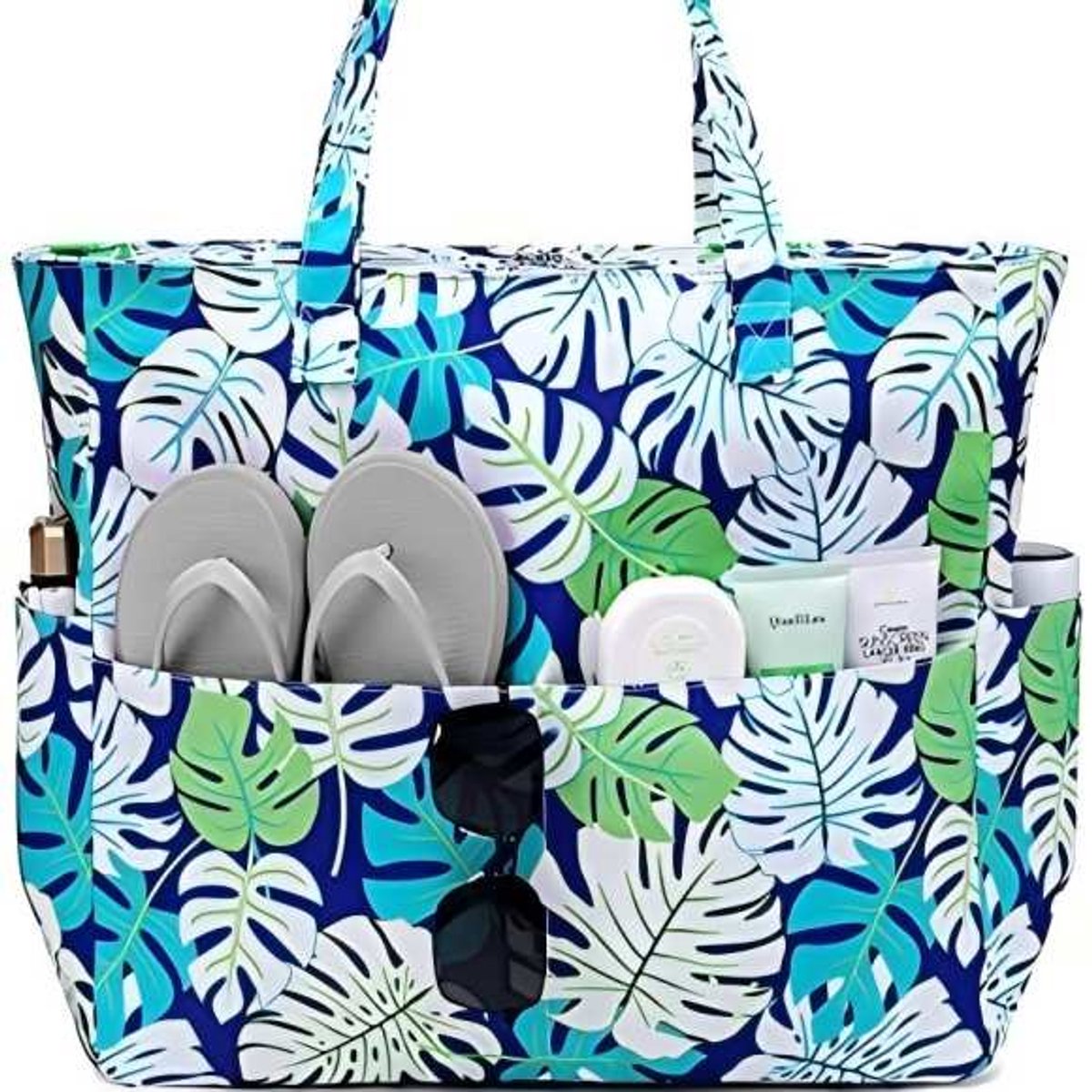 Extra grote strandtas voor dames, extra grote opvouwbare strandtas van mesh met ritssluiting en groot vak, geschikt voor strand, reizen, de sportschool en het zwembad,Bladeren