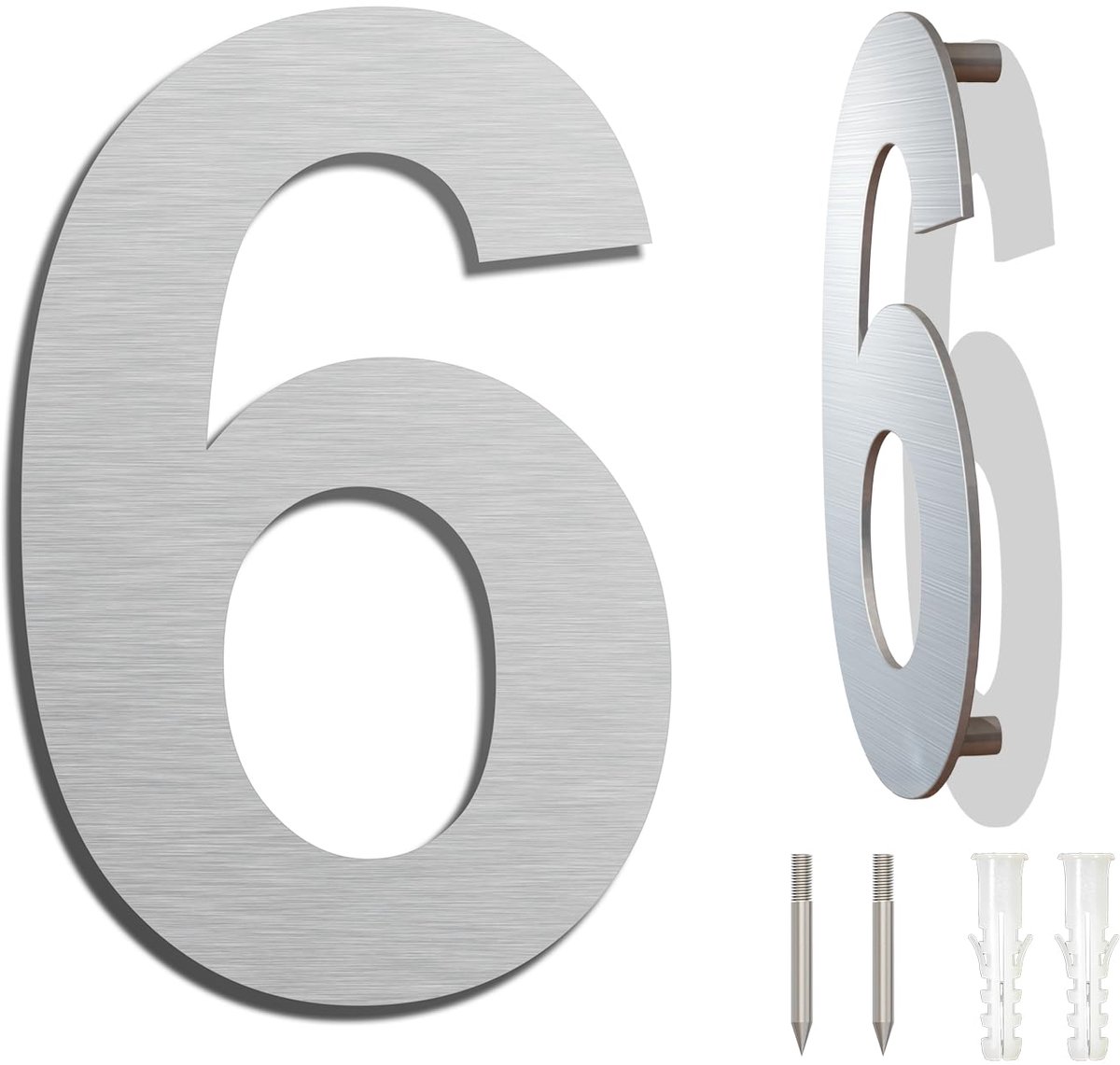 Dailygoods - Groot Geborsteld Modern Huisnummer - 203mm Hoogte - Massief 304 Roestvrij Staal - Drijvend Uiterlijk Nummer 6/9