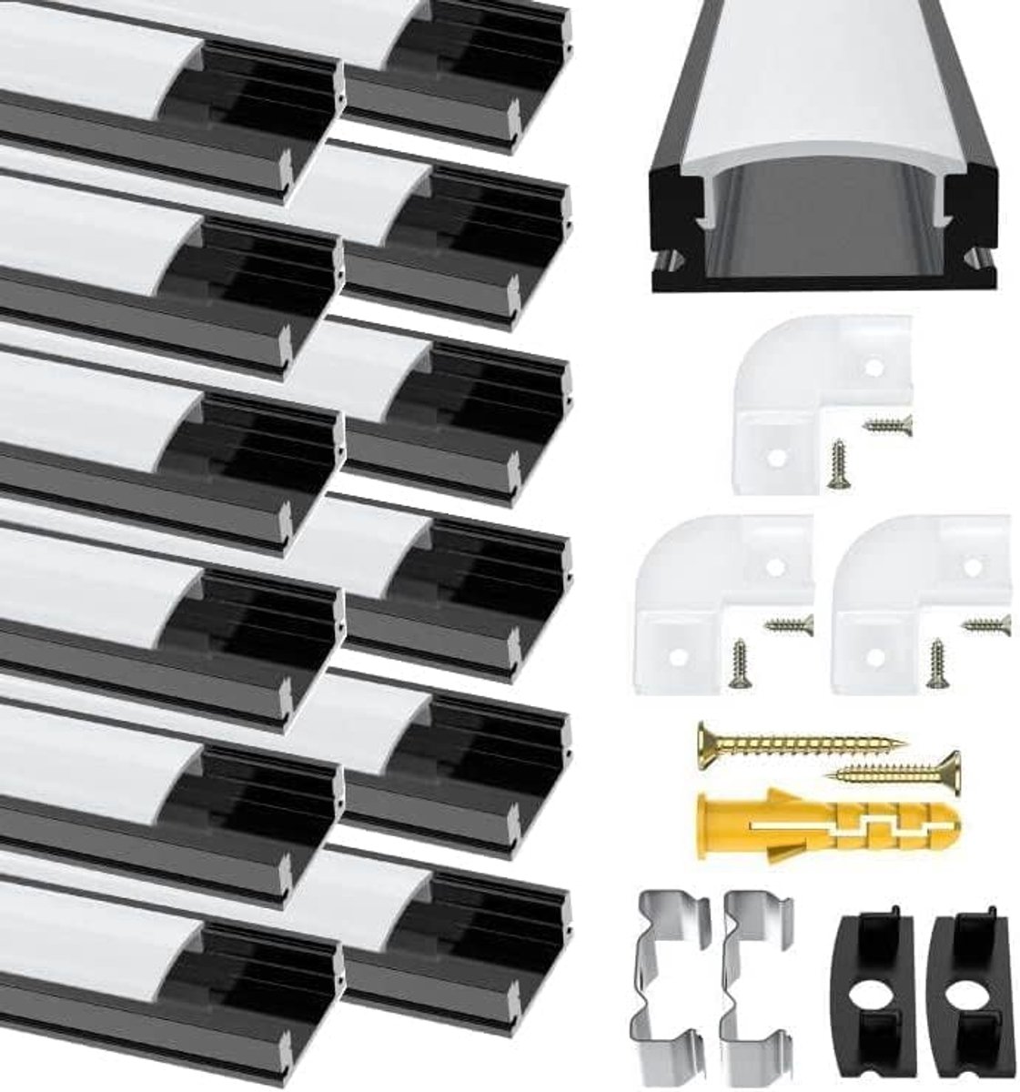 SnelShoppen - 12 Stuks LED Strips Diffuser met Aluminium LED-profiel, 1 m, Zwart U-vorm met Melkachtige Witte Afdekking, Eindkappen en Montageklemmen