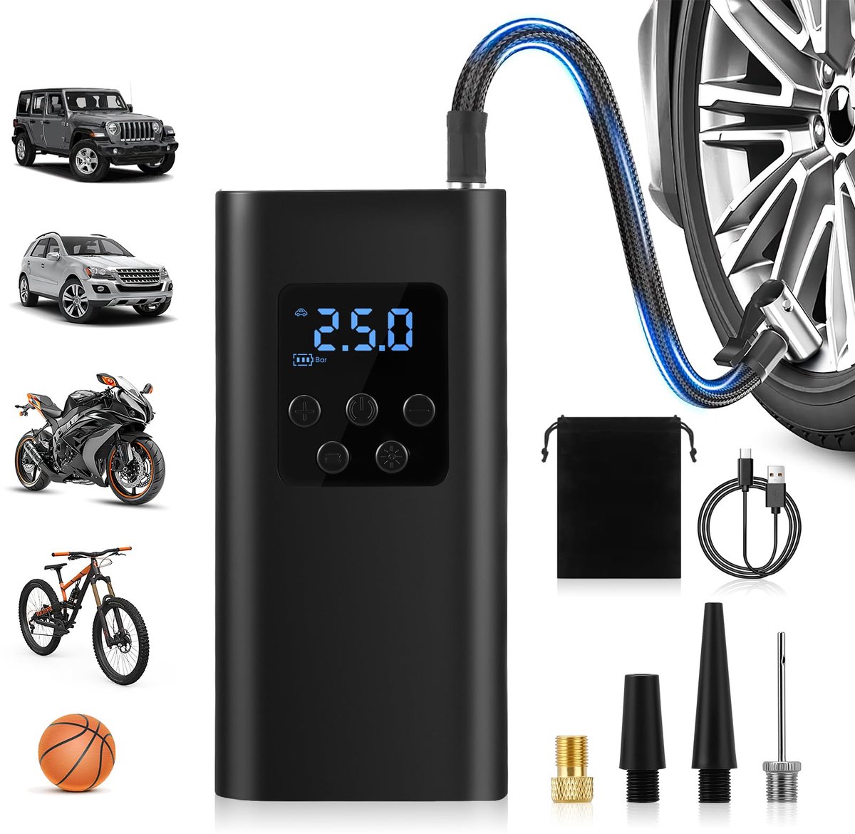 SnelShoppen - Elektrische Luchtpomp Draagbare Luchtcompressor 45 l/min voor Auto's Fietsen Motorfietsen LED Verlichting 6000 mAh 4 Modi Banden Ballonn