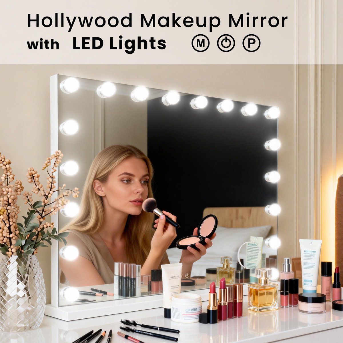 SnelShoppen - Hollywood Spiegel met Licht 50 x 42 cm, Tafelspiegel met 14 LED Lampen, 3 Kleurmodi, USB/Type-C Oplaadfunctie, Make-upspiegel voor Make-