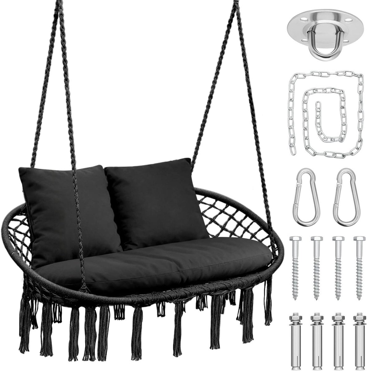 Macramé Hangstoel - Dubbele Hangmat - Ontspannen Buiten - Met 3 Kussens - 700 pond capaciteit - Naturel