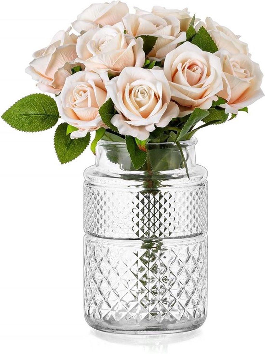 Vintage Kristallen Bloemenvaas 20cm Hoog - Wijde Hals - Duidelijk Glas - Bruiloft Decoratie - Woonkamer Ornamenten