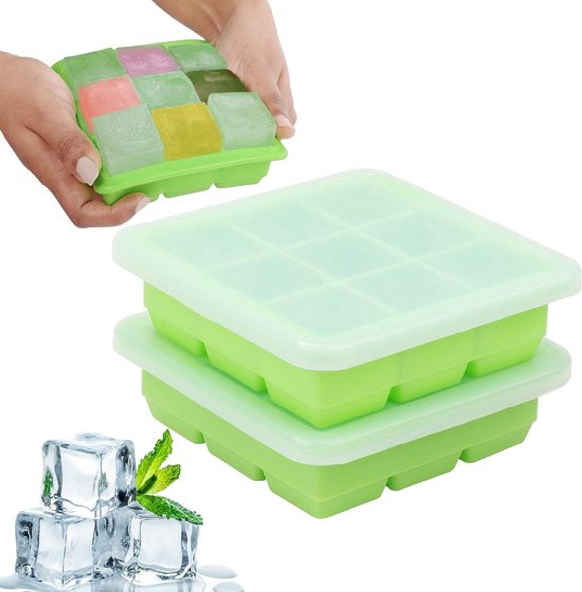 - Bakjes voor voedselopslag - Stapelbaar - Siliconen - Geschikt voor invriezen - 2 pak - Heldere deksels - Makkelijk verwijderbaar - 9x 30ml - Kubus vorm - Compact.